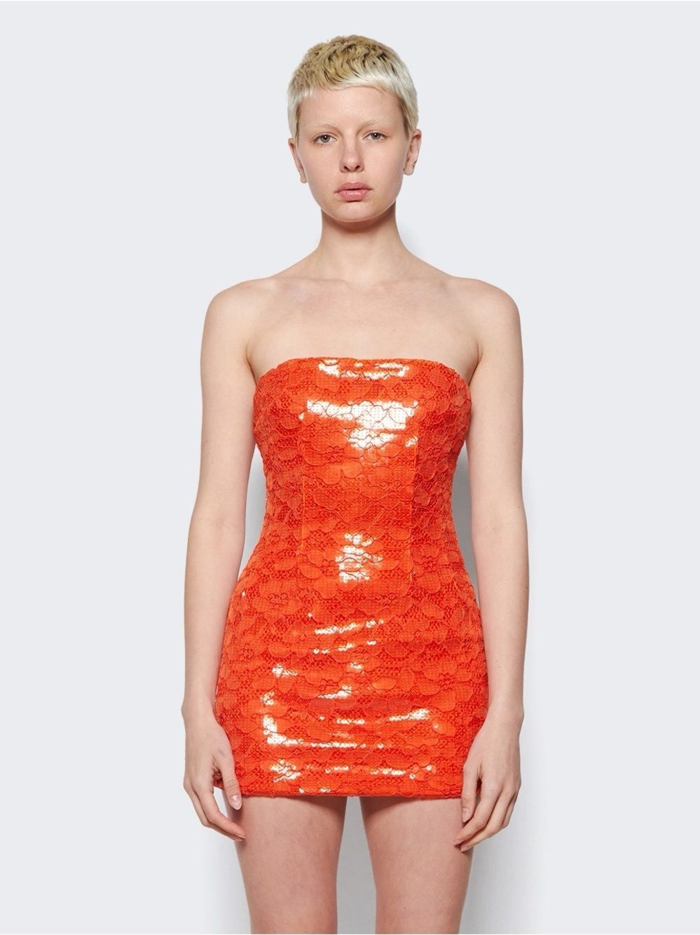 NWT LAQUAN SMITH Spring 2023 Runway Orange Sequin Strapless Mini Dress S…